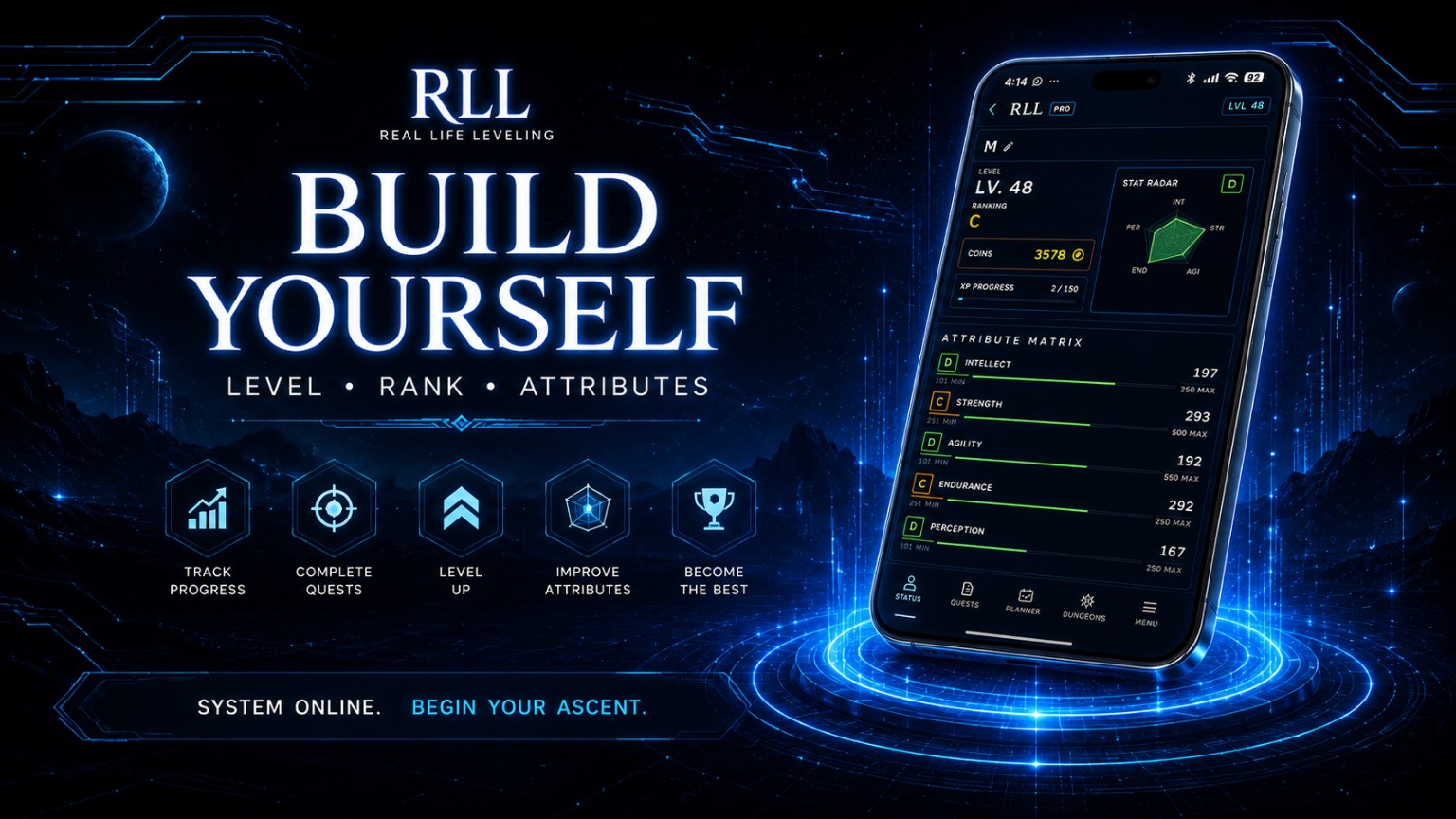 RLL Build Yourself player profile showing level, rank and attributes